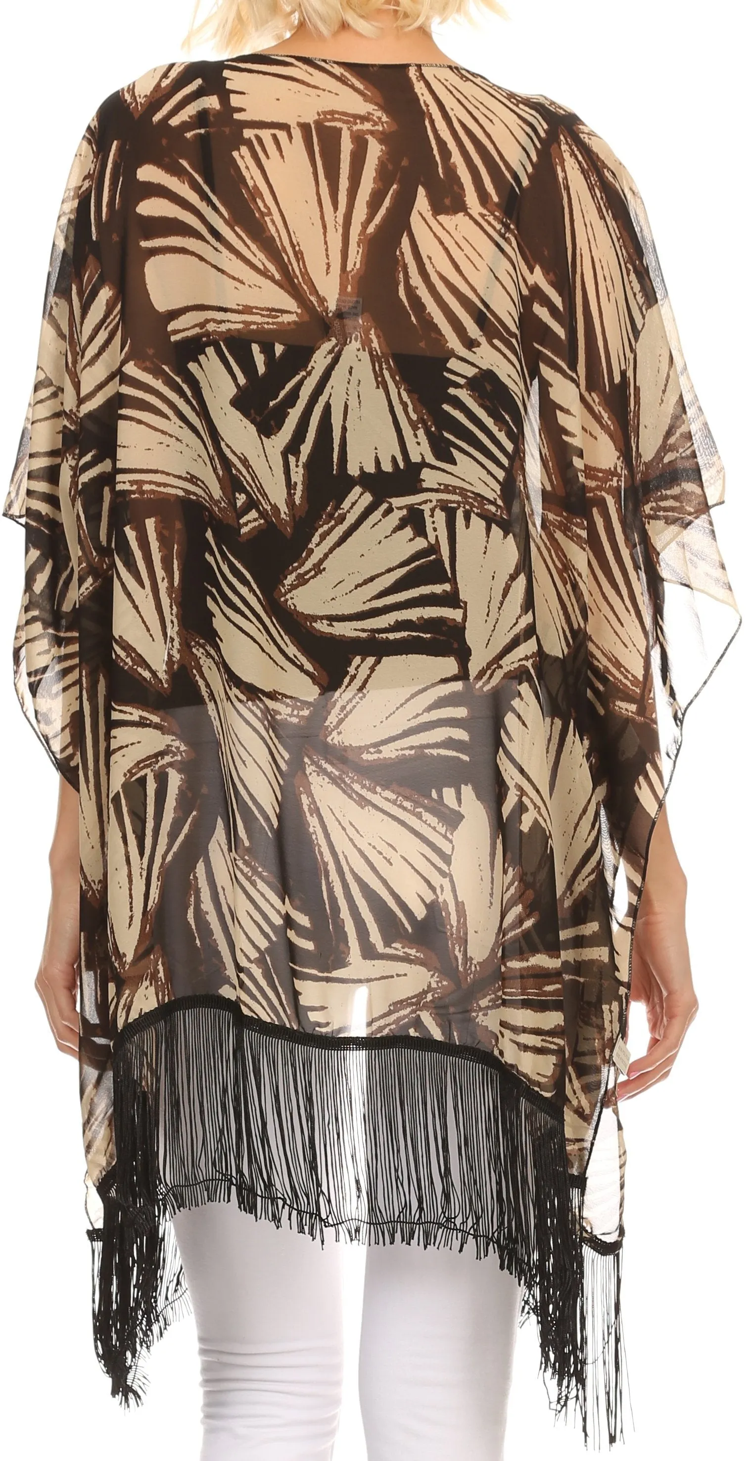 Sakkas Yew Long Wide Sheer Printed Fringe Bottom Short Draped Sleeve Kimono Top