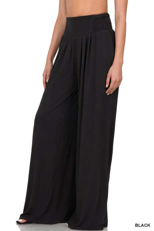 SMOCKED WAIST WIDE LEG PANTS