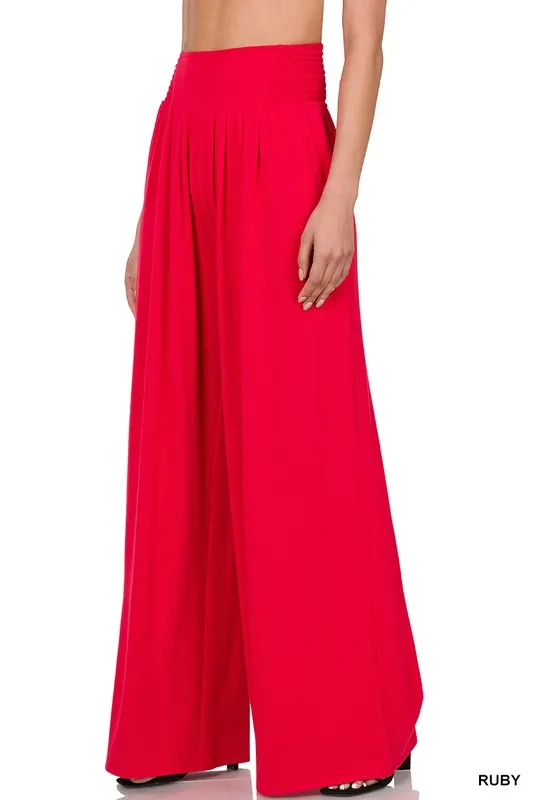 SMOCKED WAIST WIDE LEG PANTS