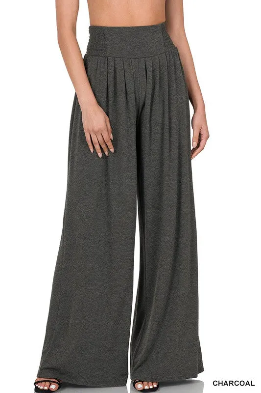 SMOCKED WAIST WIDE LEG PANTS