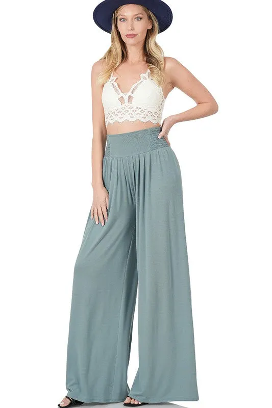 SMOCKED WAIST WIDE LEG PANTS