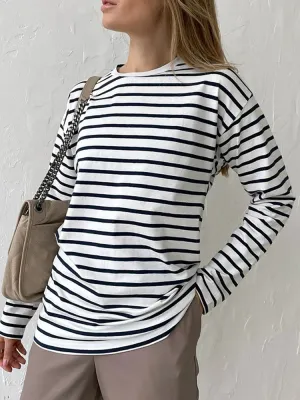 Striped Cotton Spring Fashion Casual O Neck Women's Tops 2024 T-shirt