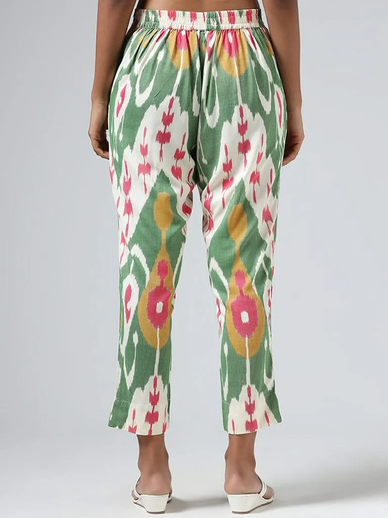 Utsa Green Multicolor Ikat Printed Pants