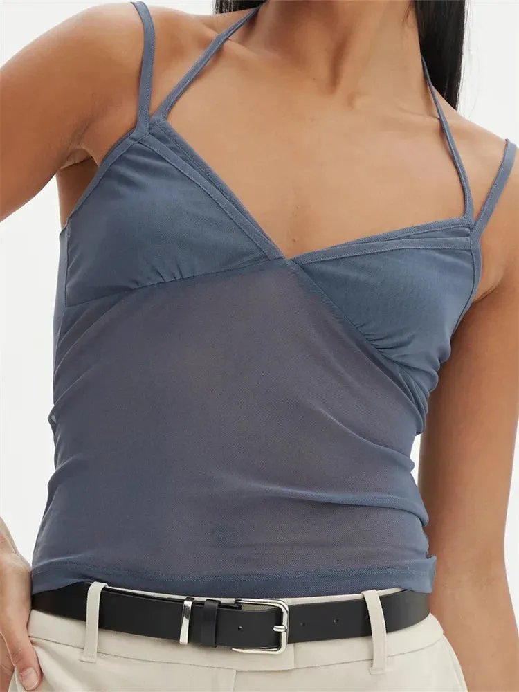 V-neck Backless Patchwork Slim Fit Summer Mesh See Through Cami Top