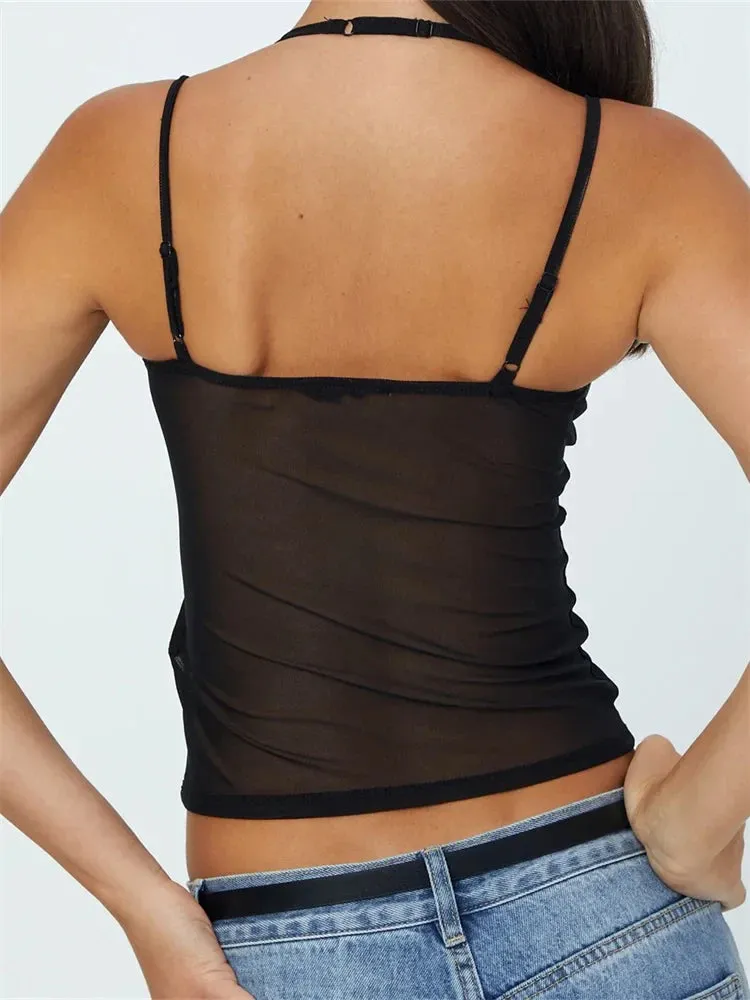 V-neck Backless Patchwork Slim Fit Summer Mesh See Through Cami Top