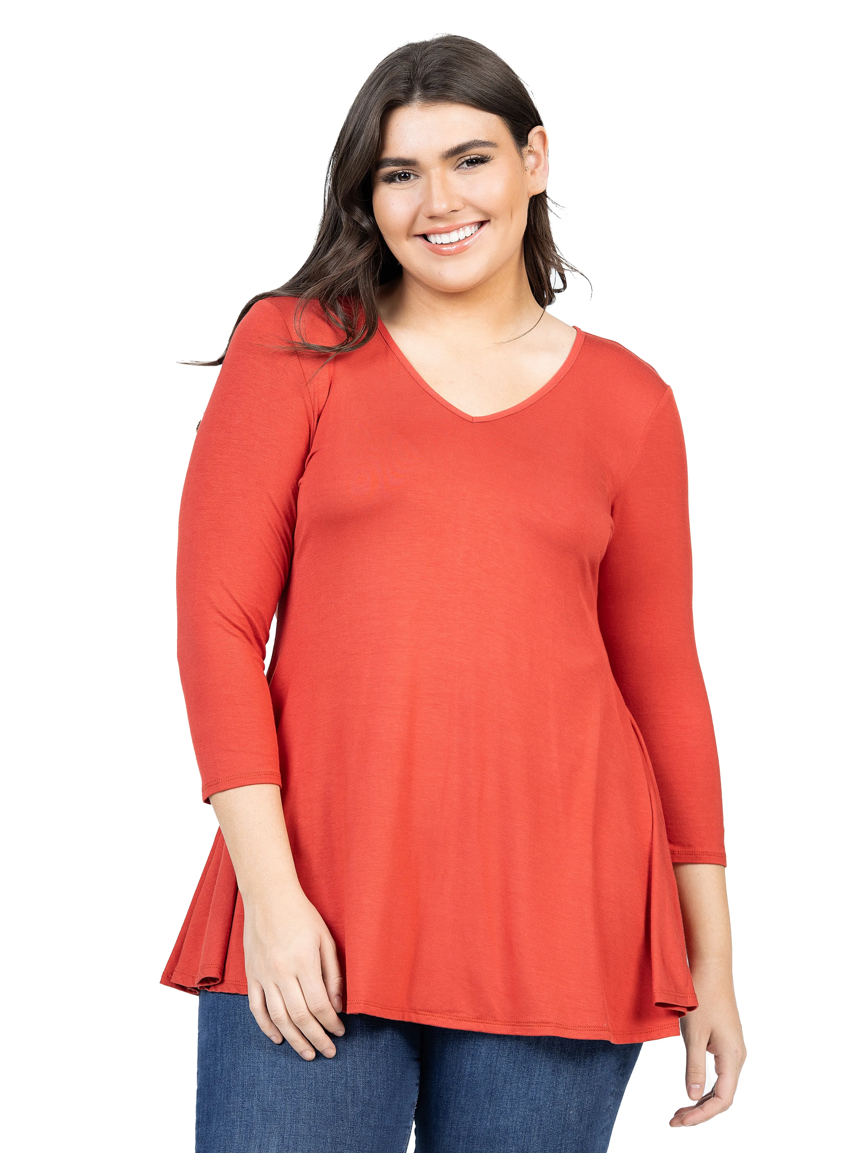 V-Neck Plus Size Three Quarter Sleeve Tunic Top For Women