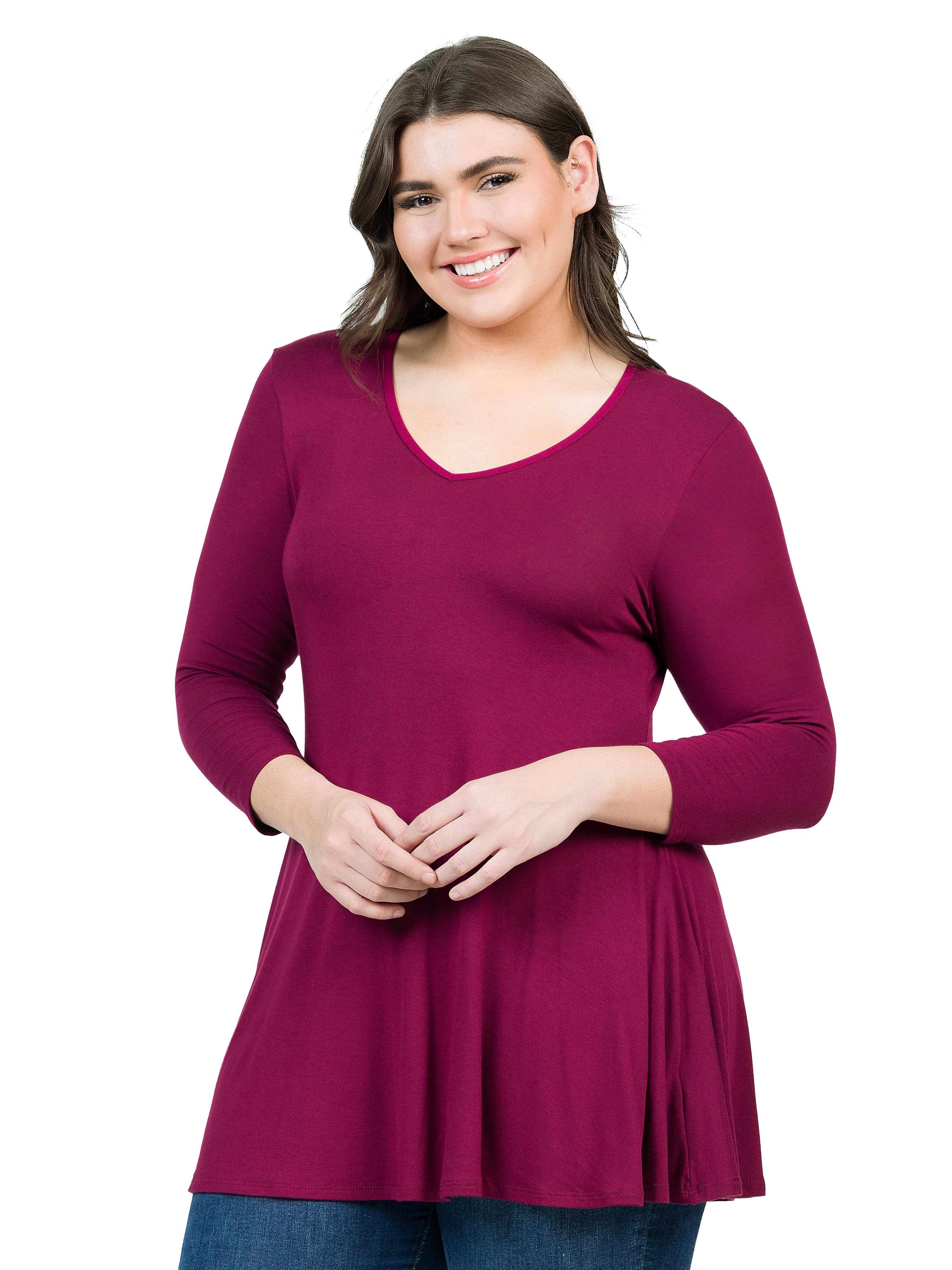 V-Neck Plus Size Three Quarter Sleeve Tunic Top For Women