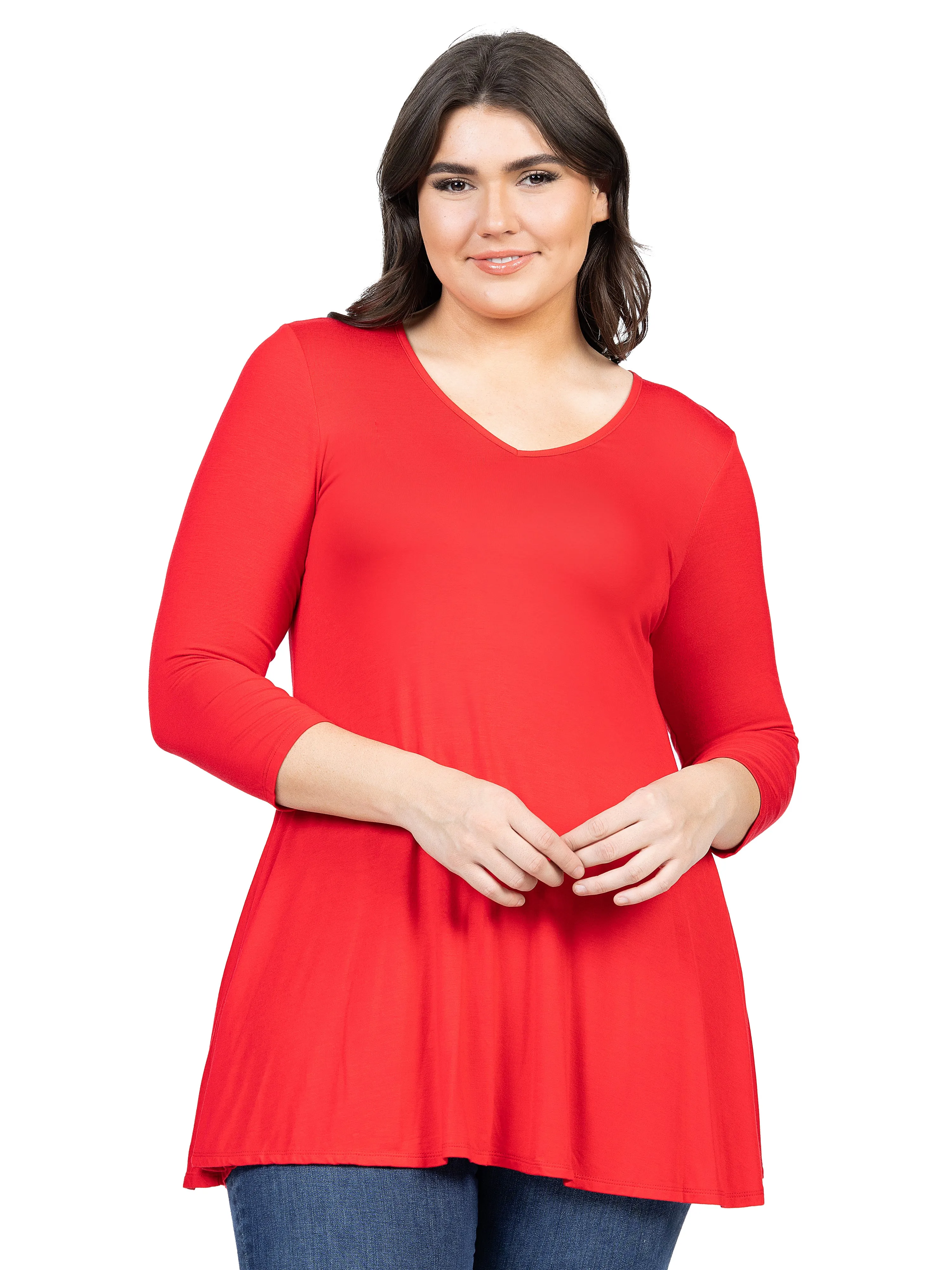 V-Neck Plus Size Three Quarter Sleeve Tunic Top For Women