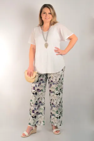 Vine Print Wide Leg Linen Palazzo Pants