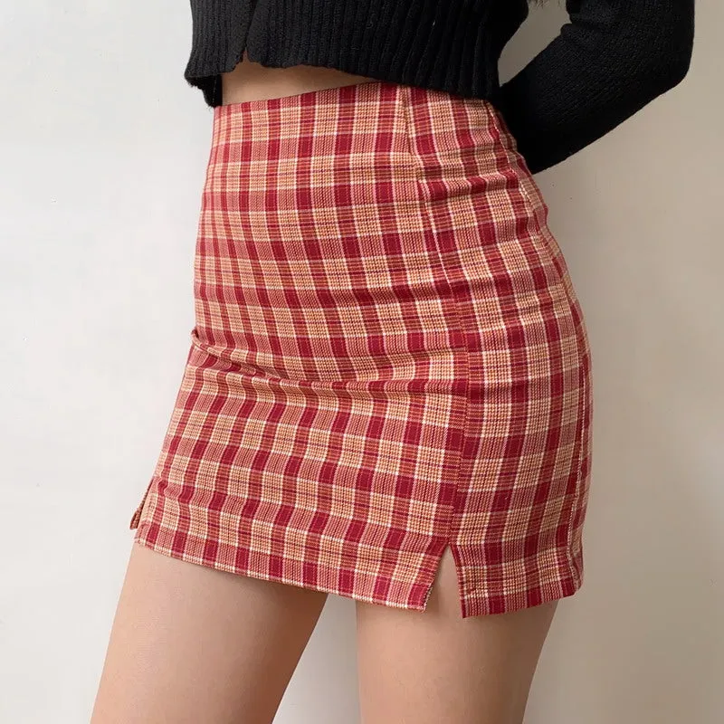 Wenkouban - Red Cara Plaid Skirt