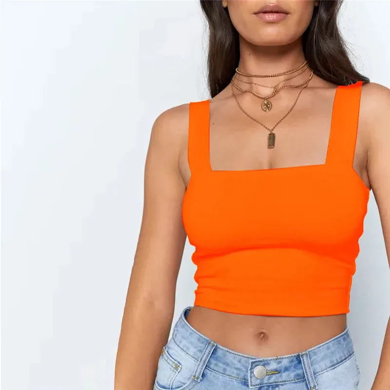 White Square Neck Sleeveless Crop Top Women Black Casual T Shirt Off Shoulder Cami Backless Tank Top