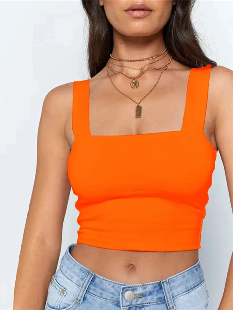 White Square Neck Sleeveless Crop Top Women Black Casual T Shirt Off Shoulder Cami Backless Tank Top