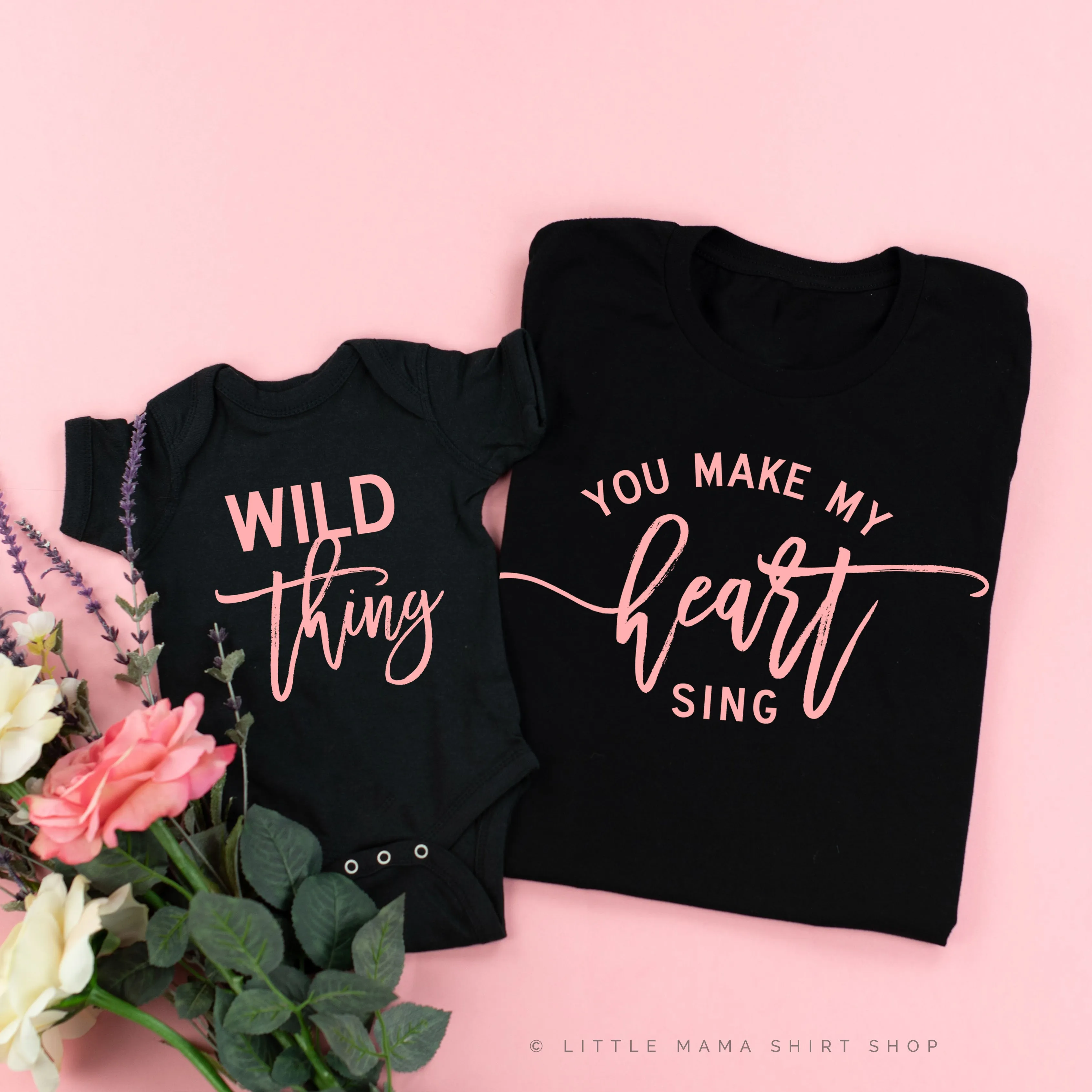 Wild Thing - You Make My Heart Sing | Black Shirts w/ Pink Design | Set of 2 Shirts